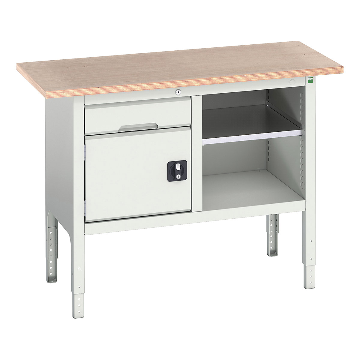 Bott Verso Storage Bench | 1250 Wide, Bott Verso Storage Bench | 1250 Wide, Bott Verso Height Adjustable Storage Bench | 930h x 1250w x 600d mm | 1x 125 Drawer, 1x 350 Cupboard & Open Section | Light Grey-0