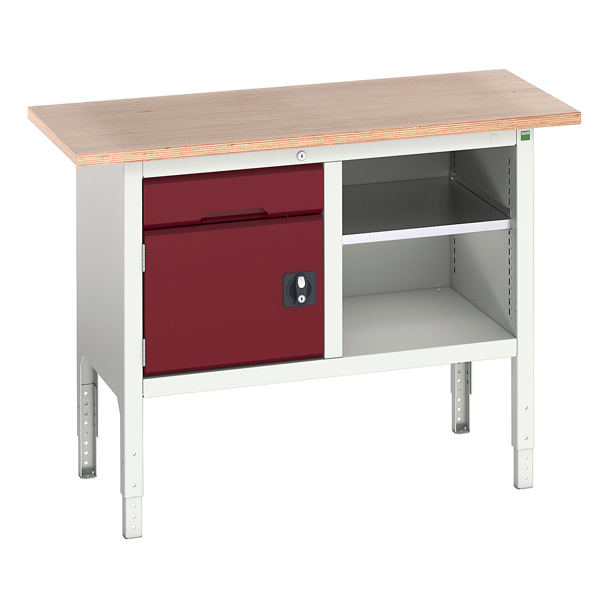 Bott Verso Storage Bench | 1250 Wide, Bott Verso Storage Bench | 1250 Wide, Bott Verso Height Adjustable Storage Bench | 930h x 1250w x 600d mm | 1x 125 Drawer, 1x 350 Cupboard & Open Section | Red-0
