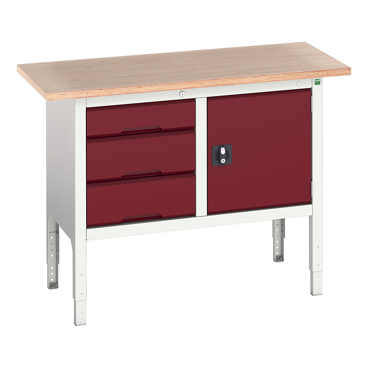 Bott Verso Storage Bench | 1250 Wide, Bott Verso Storage Bench | 1250 Wide, Bott Verso Height Adjustable Storage Bench | 930h x 1250w x 600d mm | 1x 125, 2x 175 Drawers, 1x475 Cupboard | Red-0
