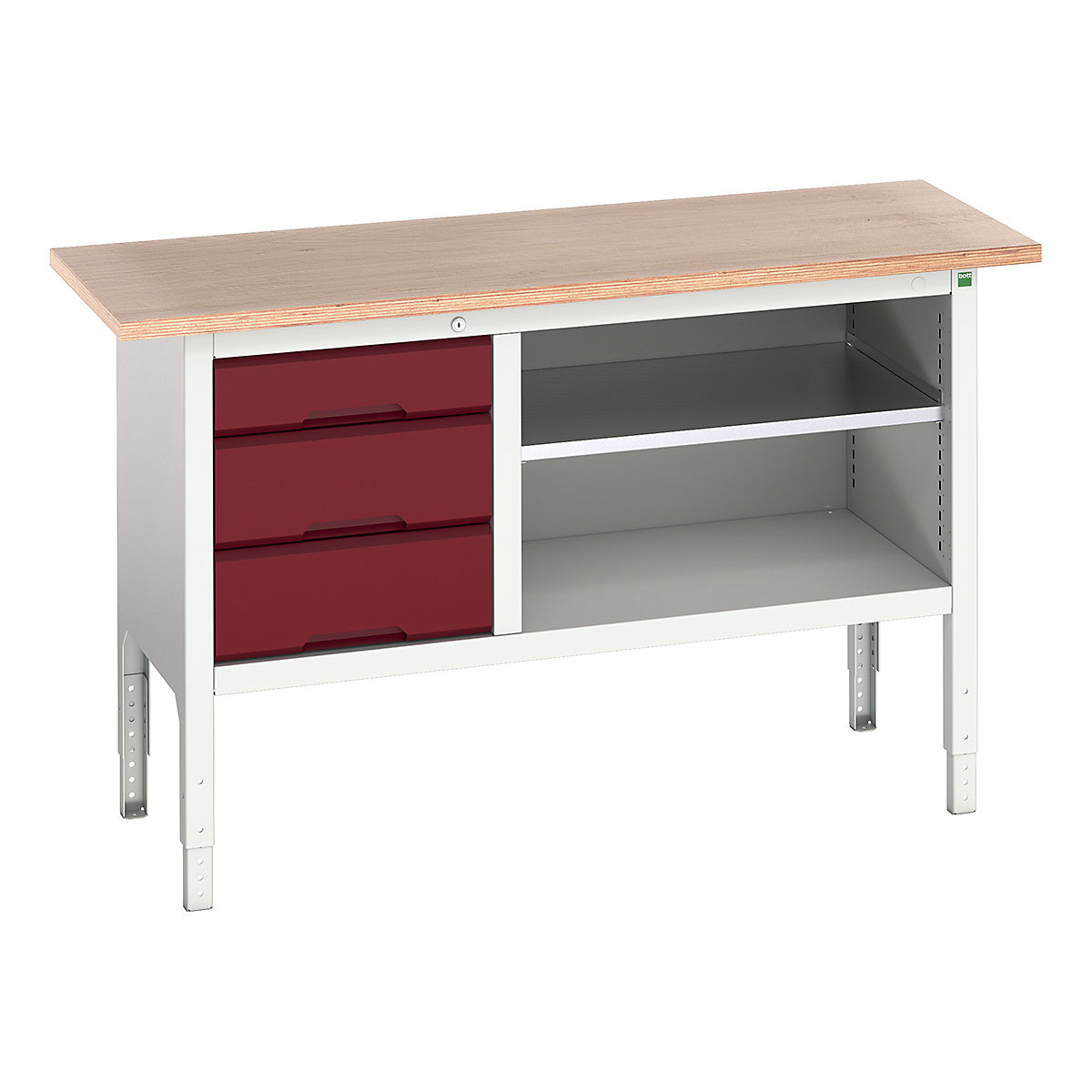 Bott Verso Storage Bench | 1500 Wide, Bott Verso Storage Bench | 1500 Wide, Bott Verso Height Adjustable Storage Bench | 930h x 1500w x 600d mm | 1x 125, 2x 175 Drawers & Open Section | Red-0