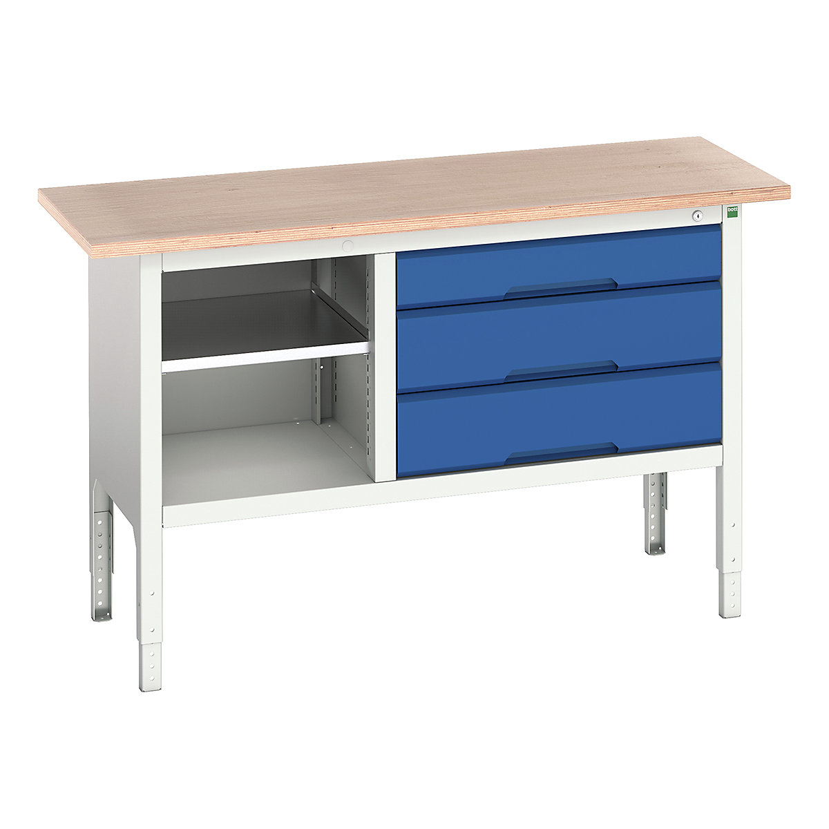 Bott Verso Storage Bench | 1500 Wide, Bott Verso Storage Bench | 1500 Wide, Bott Verso Height Adjustable Storage Bench | 930h x 1500w x 600d mm | Open Section & 1x 125, 2x 175 Drawers | Blue-0
