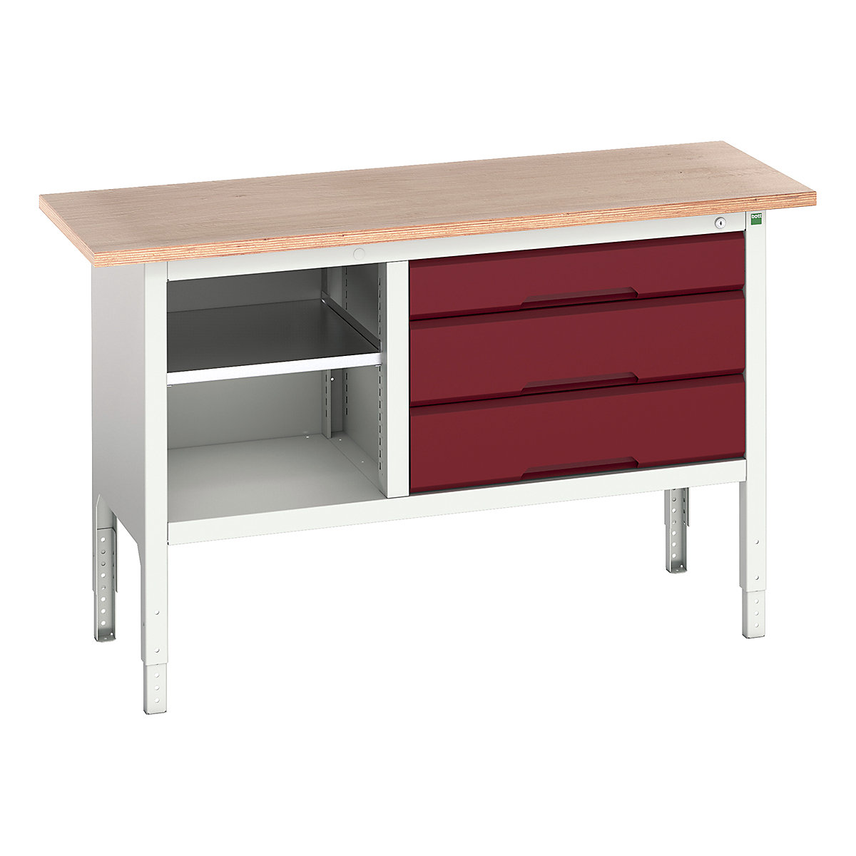 Bott Verso Storage Bench | 1500 Wide, Bott Verso Storage Bench | 1500 Wide, Bott Verso Height Adjustable Storage Bench | 930h x 1500w x 600d mm | Open Section & 1x 125, 2x 175 Drawers | Red-0