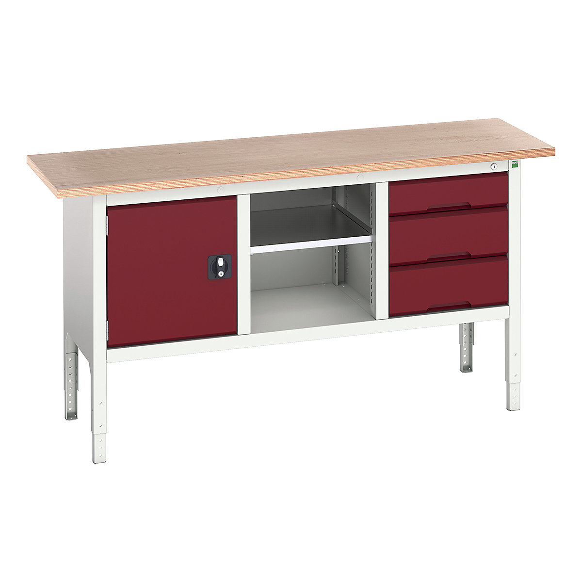 Bott Verso Storage Bench | 1750 Wide, Bott Verso Storage Bench | 1750 Wide, Bott Verso Height Adjustable Storage Bench | 930h x 1750w x 600d mm | 1x 475 Cupboard, 1x 125, 2x 175 Drawers & Open Section | Red-0