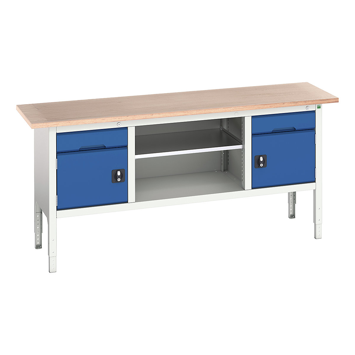 Bott Verso Storage Bench | 2000 Wide, Bott Verso Storage Bench | 2000 Wide, Bott Verso Height Adjustable Storage Bench | 930h x 2000w x 600d mm | 2x 125 Drawers, 2x 350 Cupboards & Open Section | Blue-0