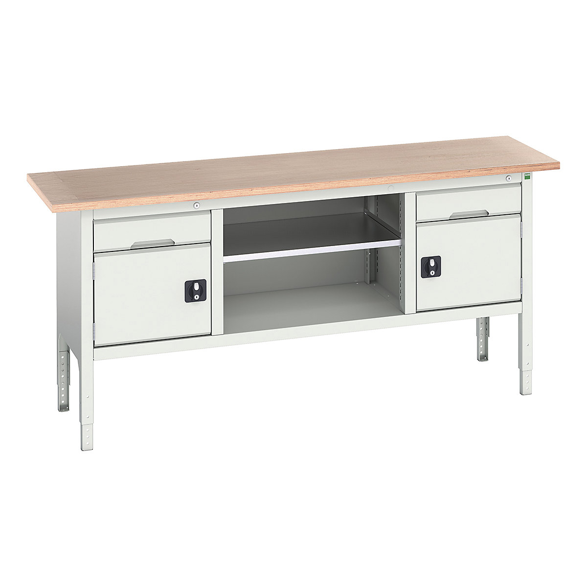 Bott Verso Storage Bench | 2000 Wide, Bott Verso Storage Bench | 2000 Wide, Bott Verso Height Adjustable Storage Bench | 930h x 2000w x 600d mm | 2x 125 Drawers, 2x 350 Cupboards & Open Section | Light Grey-0