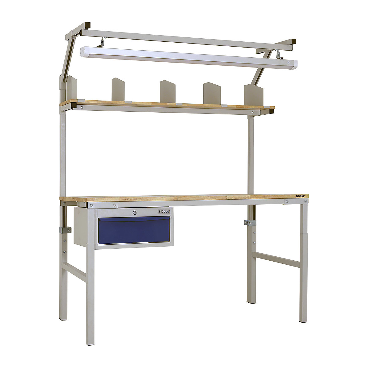 BiGDUG Medium Duty Height Adjustable Complete Workstations, BiGDUG Medium Duty Height Adjustable Complete Workstations, BiGDUG Medium Duty Height Adjustable Workstation | 1200w x 750d mm | Light Grey | Upper Shelf with 5 Dividers & LED Light | Drawer & Cupboard | Solid Hevea Worktop-4