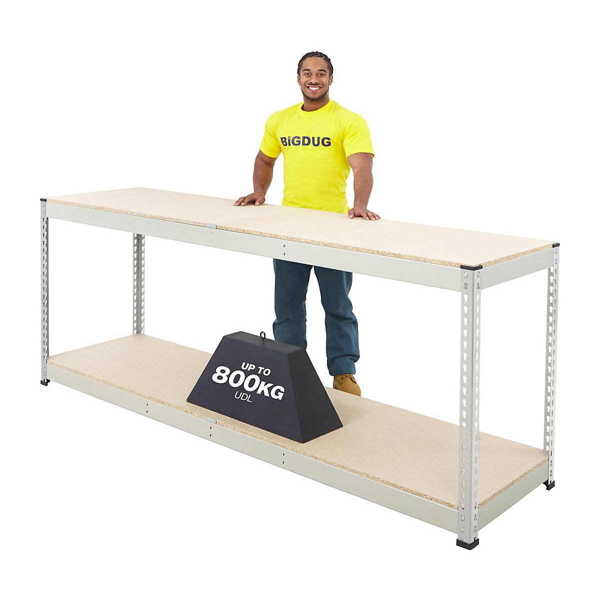 BiG800 Heavy Duty Workbenches, BiG800 Heavy Duty Workbenches, BiG800 Heavy Duty Workbench | Chipboard Worktop | 915h x 1525w x 610d mm | 2 Full Depth Lower Shelves | 800kg UDL | Light Grey-3