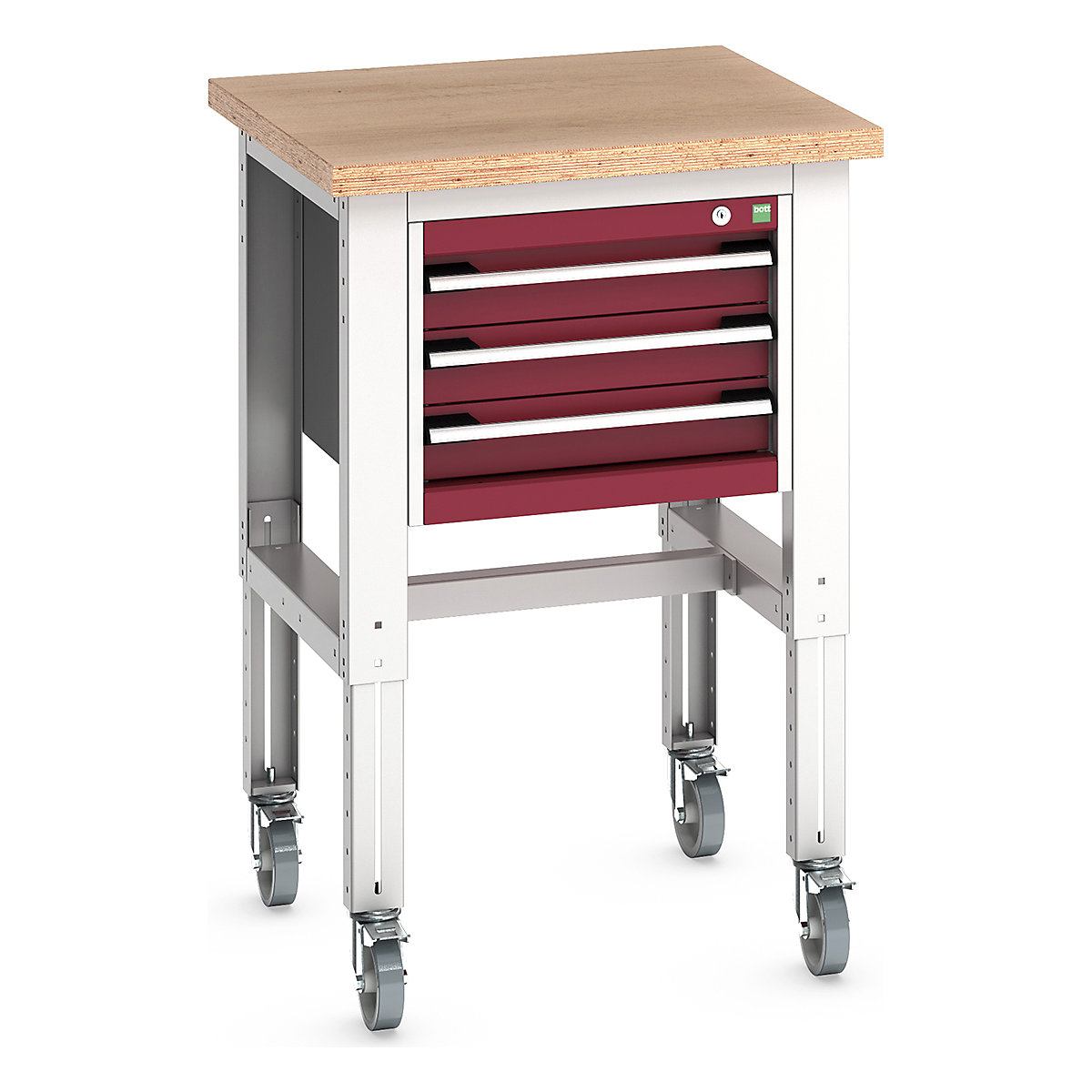 Bott Cubio Kitted Mobile Height Adjustable Workstand, Bott Cubio Kitted Mobile Height Adjustable Workstand, Bott Cubio Kitted Mobile Height Adjustable Workstand | 840 - 1140h x 750w x 750d mm | 3 Drawer | Red | MPX Worktop-0