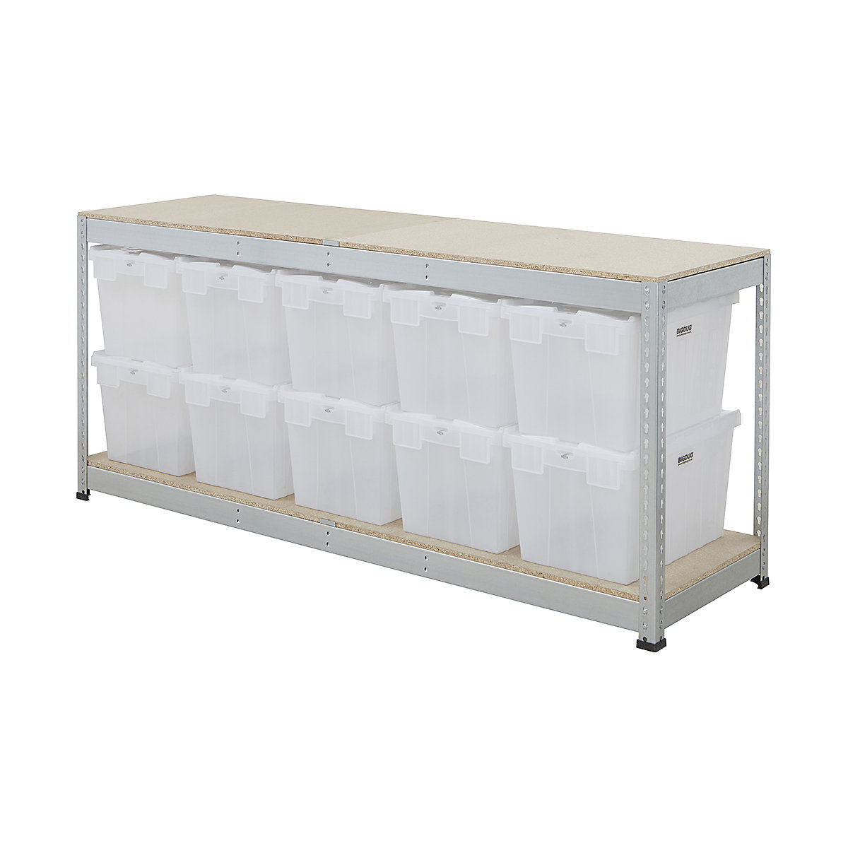BiG400 Workbench With BiGDUG Euro Tote Boxes, BiG400 Workbench With BiGDUG Euro Tote Boxes, BiG400 Workbench | Chipboard Worktop | 915h x 2130w x 610d mm | 400kg UDL | Galvanised | 10x Tote Boxes | 320h x 400w x 600d mm | Transparent Tote-2
