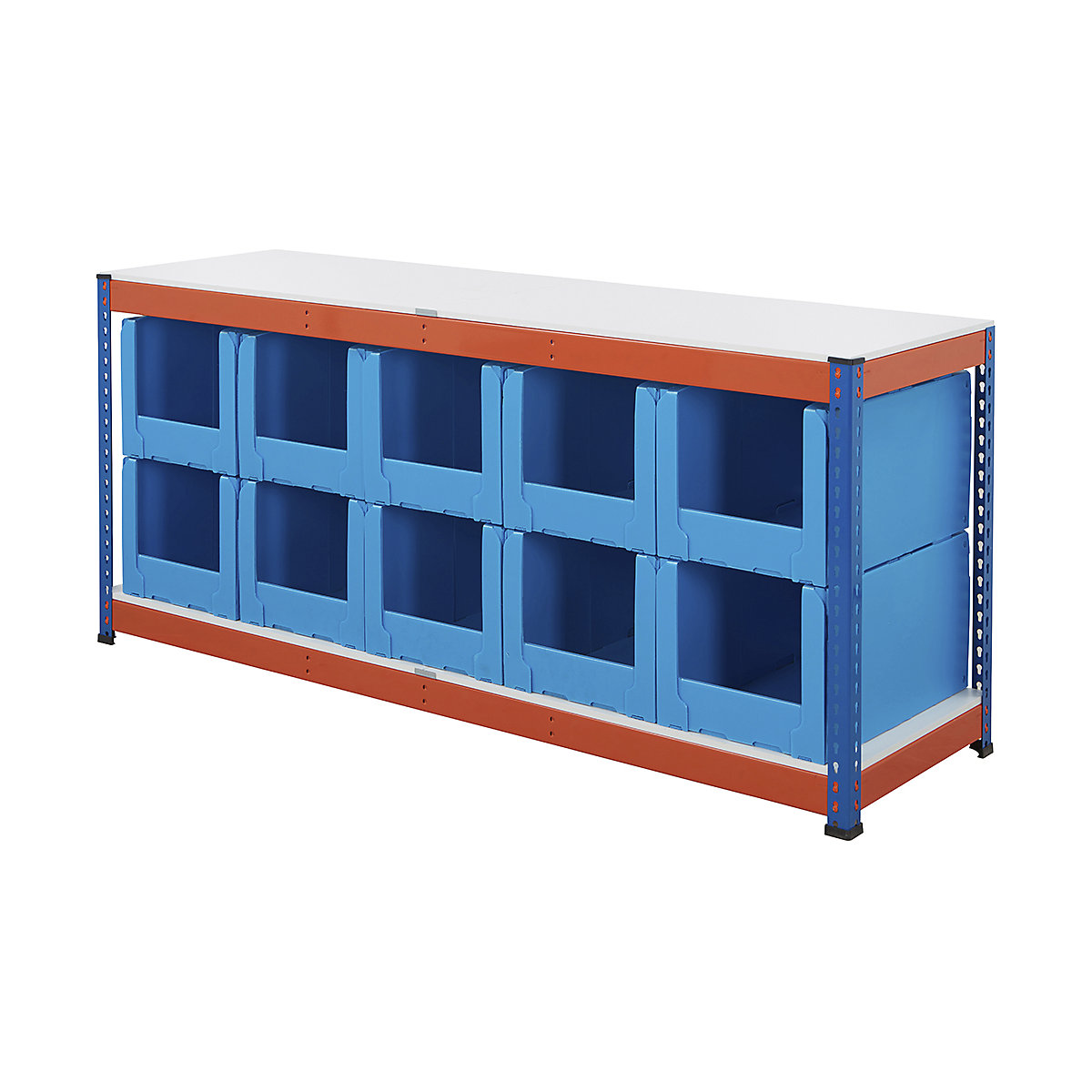BiG400 Workbench With Correx Pick Bins, BiG400 Workbench With Correx Pick Bins, BiG400 Workbench | Melamine Worktop | 915h x 2130w x 610d mm | 400kg UDL | Blue & Orange | 10x Correx. Pick Bins | 341h x 400w x 600d mm-6