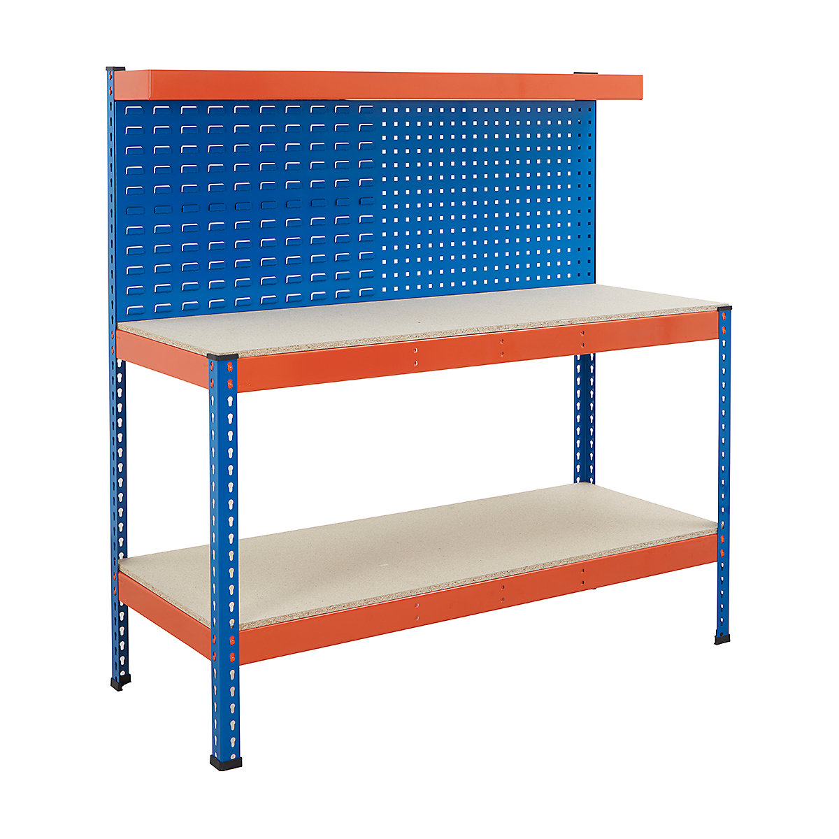 BiG400 Workstations With Back Panels, BiG400 Workstations With Back Panels, BiG400 Workstation | Chipboard Worktop | 1556h x 1220w x 610d mm | 2 Full Depth Lower Shelves | Combination Panel | Cantilever Shelf | 400kg UDL | Blue & Orange-6