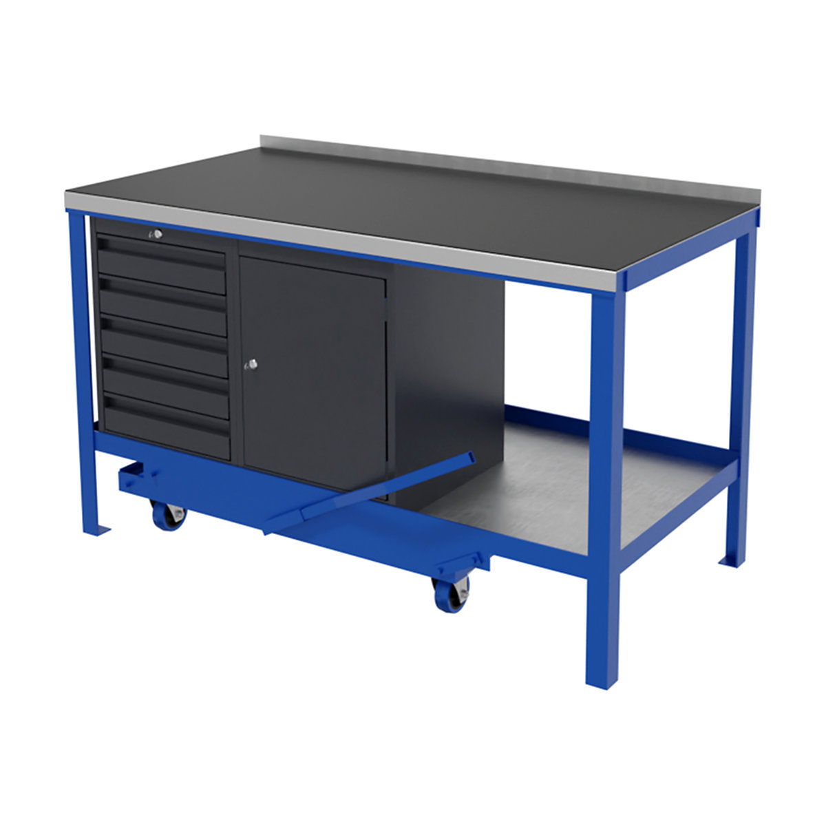 BiGDUG Fully Welded Mobile Workbenches, BiGDUG Fully Welded Mobile Workbenches, BiGDUG Fully Welded Mobile Workbench | 840h x 1200w x 600d mm | Blue | Rubber Over Steel Worktop | 5 Drawers & Cupboard | 1000kg / 450kg UDL-9