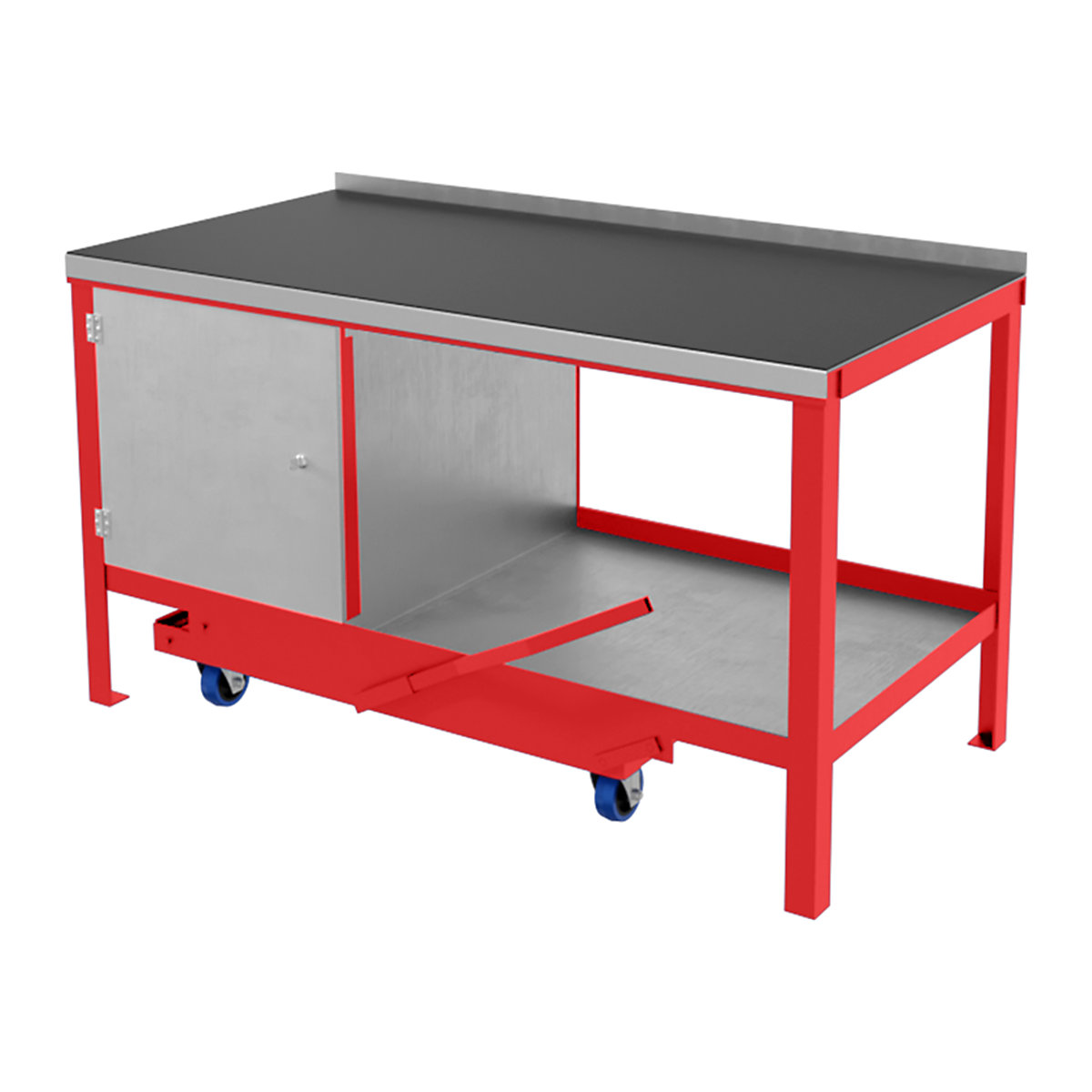 BiGDUG Fully Welded Mobile Workbenches, BiGDUG Fully Welded Mobile Workbenches, BiGDUG Fully Welded Mobile Workbench | 840h x 1200w x 600d mm | Red | Rubber Over Steel Worktop | Single Cupboard | 1000kg / 450kg UDL-3