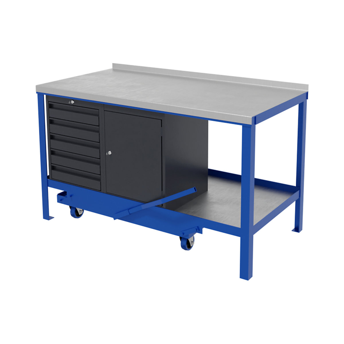 BiGDUG Fully Welded Mobile Workbenches, BiGDUG Fully Welded Mobile Workbenches, BiGDUG Fully Welded Mobile Workbench | 840h x 1200w x 600d mm | White | Rubber Over Steel Worktop | 5 Drawers & Cupboard | 1000kg / 450kg UDL-1