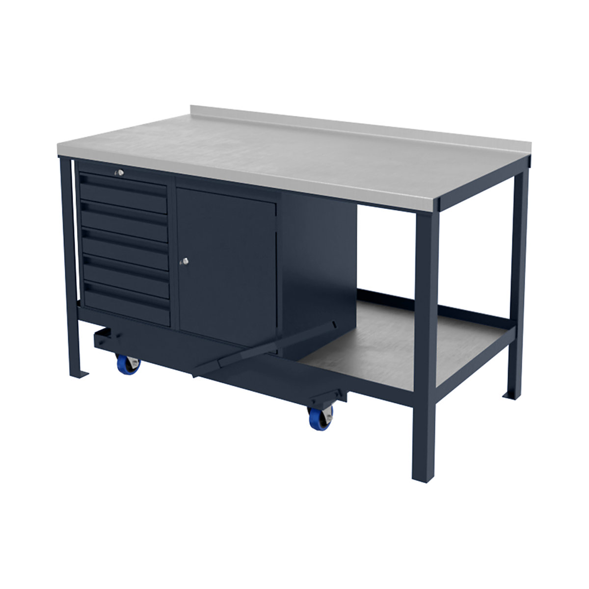 BiGDUG Fully Welded Mobile Workbenches, BiGDUG Fully Welded Mobile Workbenches, BiGDUG Fully Welded Mobile Workbench | 840h x 1200w x 600d mm | Dark Grey | Steel Worktop | 5 Drawers & Cupboard | 1000kg / 450kg UDL-8