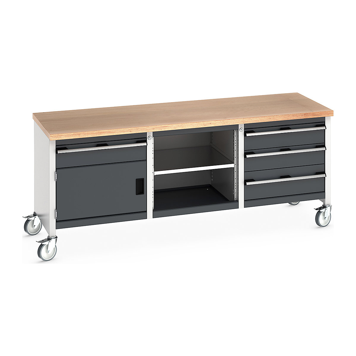 Bott Cubio Mobile Storage Bench | 2000 Wide, Bott Cubio Mobile Storage Bench | 2000 Wide, Bott Cubio Mobile Storage Workbench | 840h x 2000w x 750d mm | 3x 150, 1x 200 Drawers, 1x 350 Cupboard, Open Section | Anthracite Grey | MPX Worktop-2