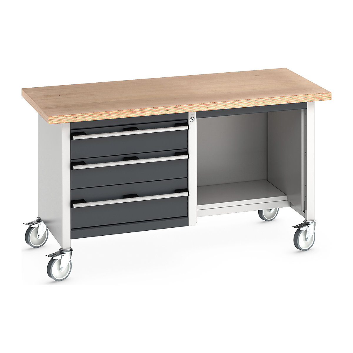 Bott Cubio Mobile Storage Benches | 1500 Wide, Bott Cubio Mobile Storage Benches | 1500 Wide, Bott Cubio Mobile Storage Workbench | 840h x 1500w x 750d mm | 2x 150, 1x 200 Drawers, Open Section | Anthracite Grey | MPX Worktop-6