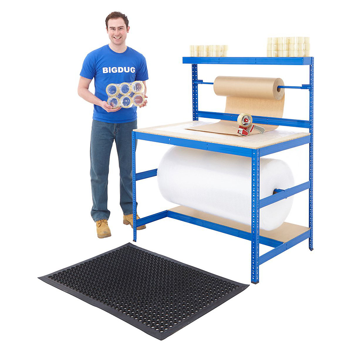 BiGDUG Essentials Packing Station Mega Deal, BiGDUG Essentials Packing Station Mega Deal, BiGDUG Essentials Packing Station Mega Deal | Rear: 1500h Mm | Front: 900h x 1200w x 750d Mm | Blue | Reel Bar: 50kg UDL | Front Levels: 300kg UDL | Inc. 1200mm Anti-Fatigue Mat-0