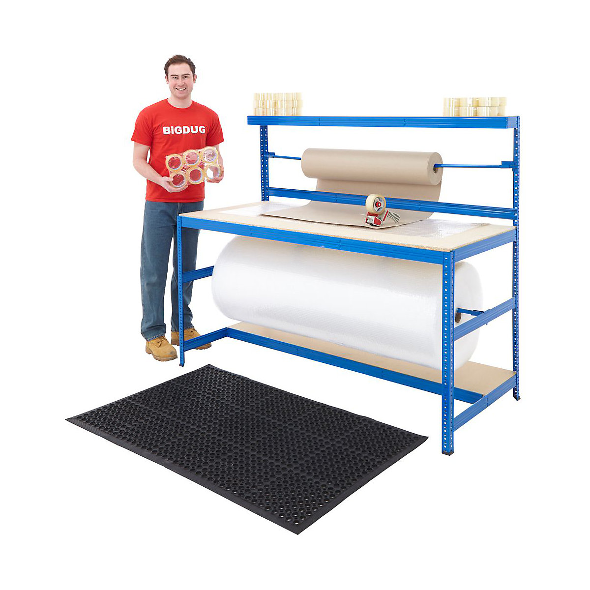 BiGDUG Essentials Packing Station Mega Deal, BiGDUG Essentials Packing Station Mega Deal, BiGDUG Essentials Packing Station Mega Deal | Rear: 1500h Mm | Front: 900h x 1800w x 750d Mm | Blue | Reel Bar: 50kg UDL | Front Levels: 300kg UDL | Inc. 1500mm Anti-Fatigue Mat-0