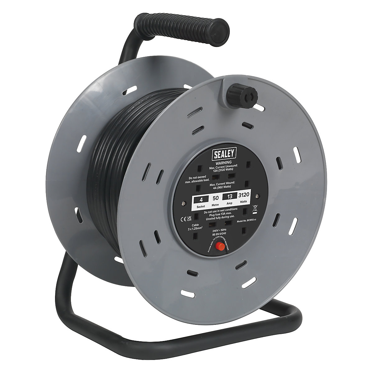 Sealey Cable Reel, Sealey Cable Reel, Sealey Cable Reel | 50m | 4 x 230V | 1.25mm² Thermal Trip-0