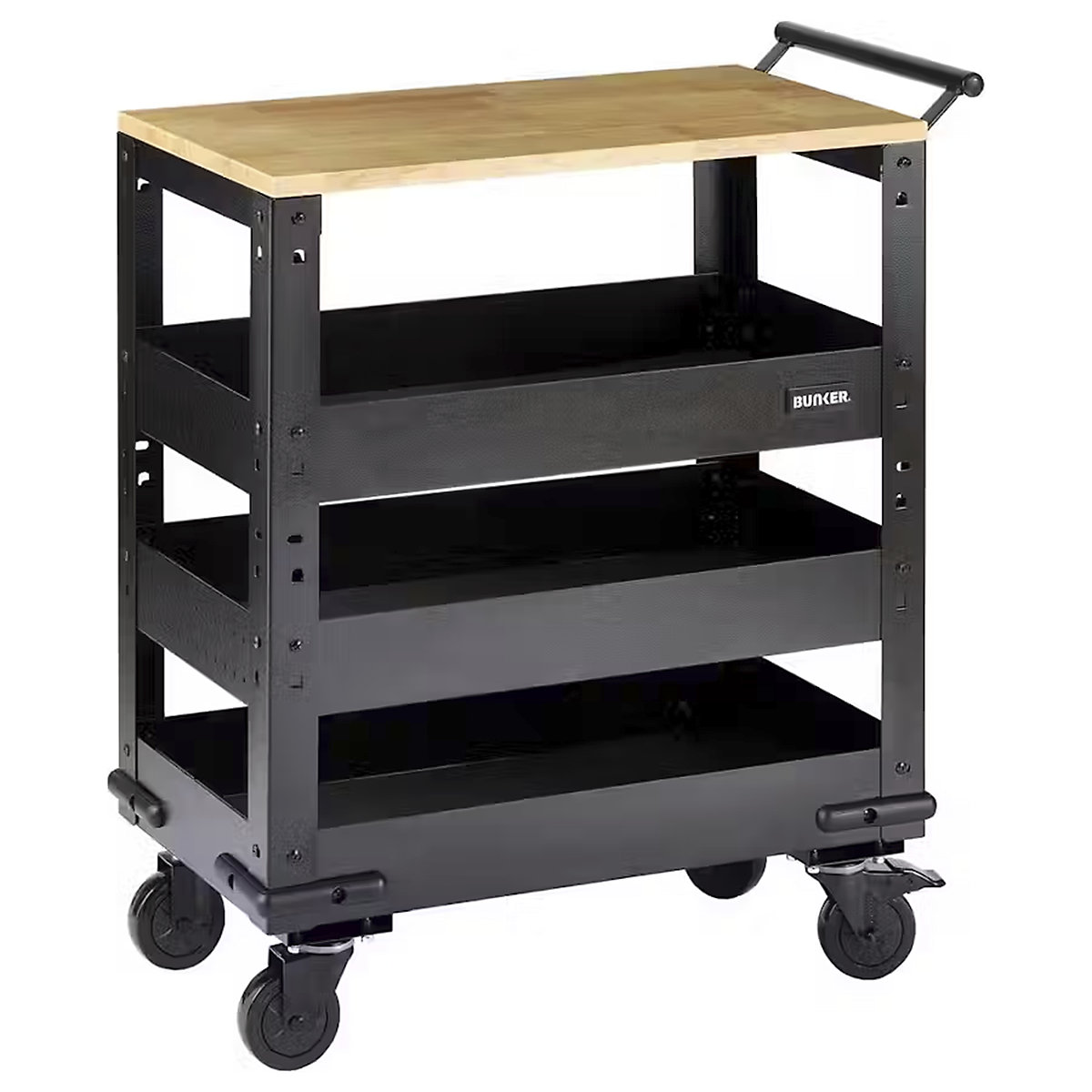 BUNKER® 3-Tier Trolleys with Pull Handle, BUNKER® 3-Tier Trolleys with Pull Handle, BUNKER® 3 Tier Trolley with Pull Handle | 851h x 714w x 410d mm | Hardwood Worktop | 50kg Shelf Capacity-4