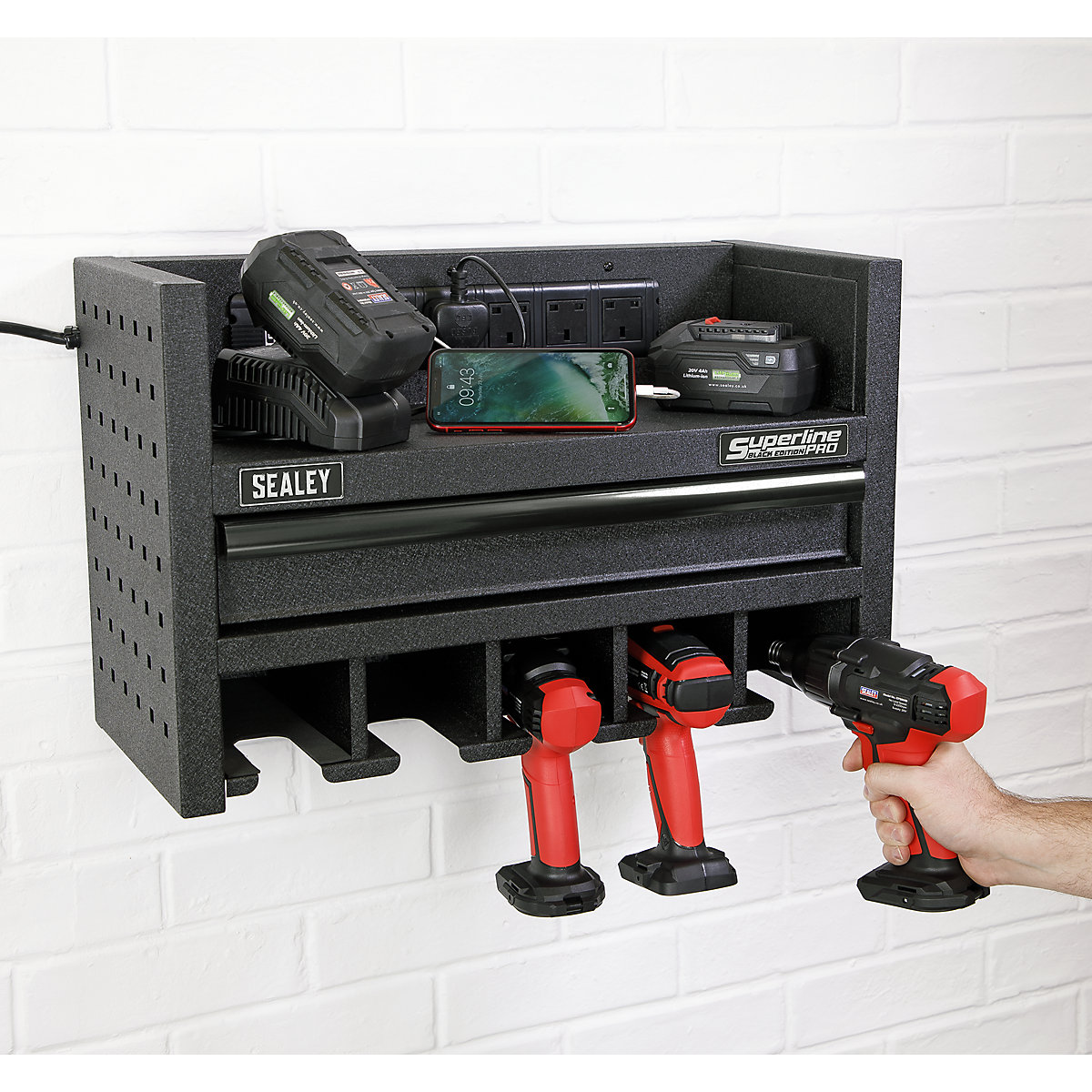 Sealey Power Tool Storage Rack | Drawer & Power Strip, Sealey Power Tool Storage Rack | Drawer & Power Strip, Sealey Power Tool Storage Rack with Drawer & Power Strip | Black | 5 storage bays-0