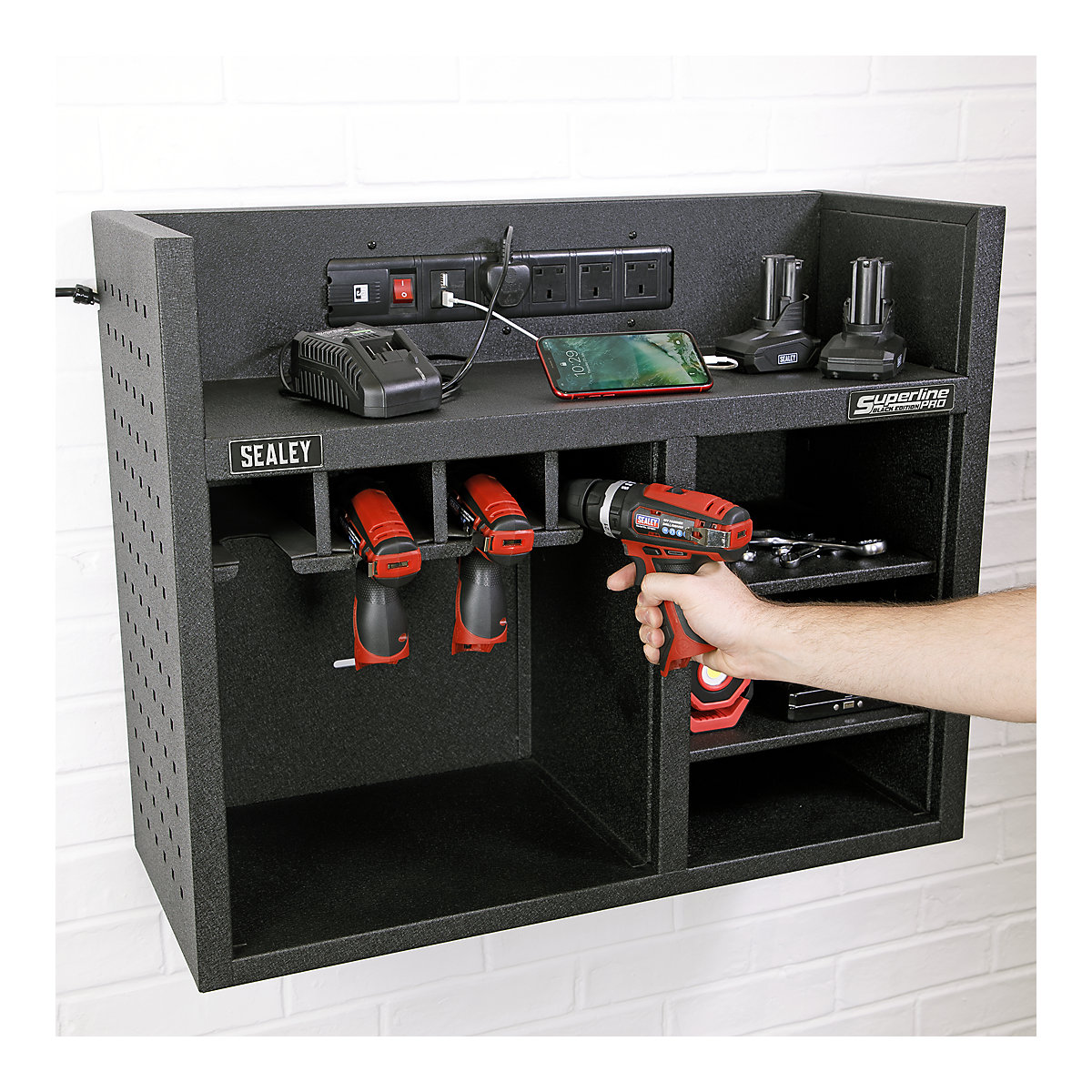 Sealey Power Tool Storage Rack | Power Strip, Sealey Power Tool Storage Rack | Power Strip, Sealey Power Tool Storage Rack with Power Strip | Black | 4 storage bays-0