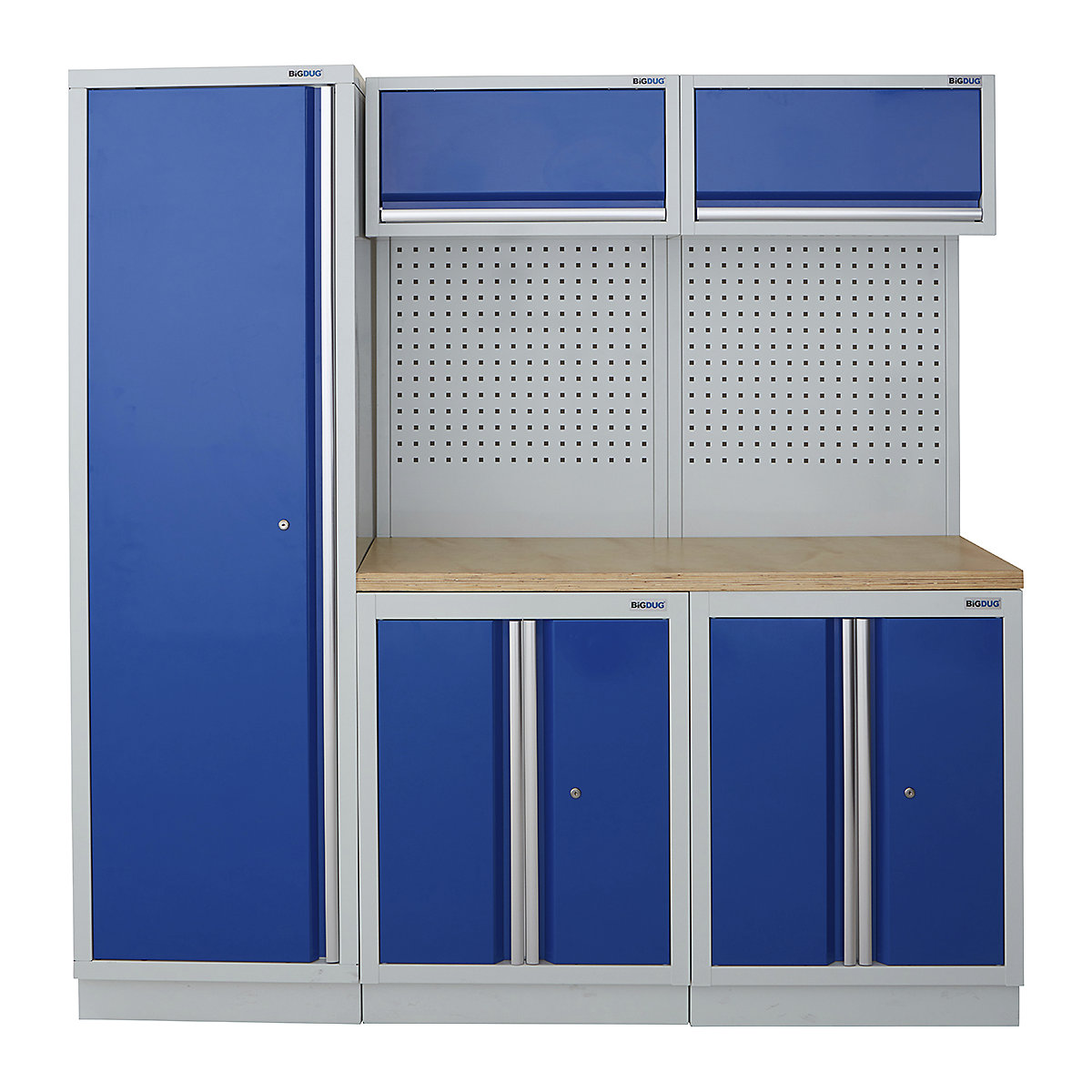 BiGDUG | 1361mm Wide Modular Storage System | 1 Cupboard | 4 Cabinet, BiGDUG | 1361mm Wide Modular Storage System | 1 Cupboard | 4 Cabinet, BiGDUG | 2m High Cupboard | 2x 2 Door Cupboard | 2x Back Panel | 2x Wall Cupboard | Grey Housing | Blue Doors | Multiplex Worktop-0