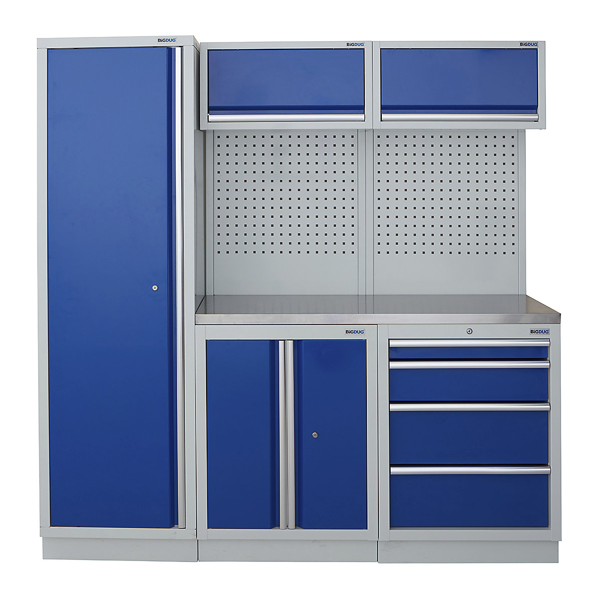 BiGDUG | 1361mm Wide Modular Storage System | 1 Cupboard | 4 Cabinet, BiGDUG | 1361mm Wide Modular Storage System | 1 Cupboard | 4 Cabinet, BiGDUG | 2m High Cupboard | 2 Door Cupboard | 4 Drawer Cabinet | 2x Back Panel | 2x Wall Cupboard | Grey Housing | Blue Doors | Stainless Worktop-0