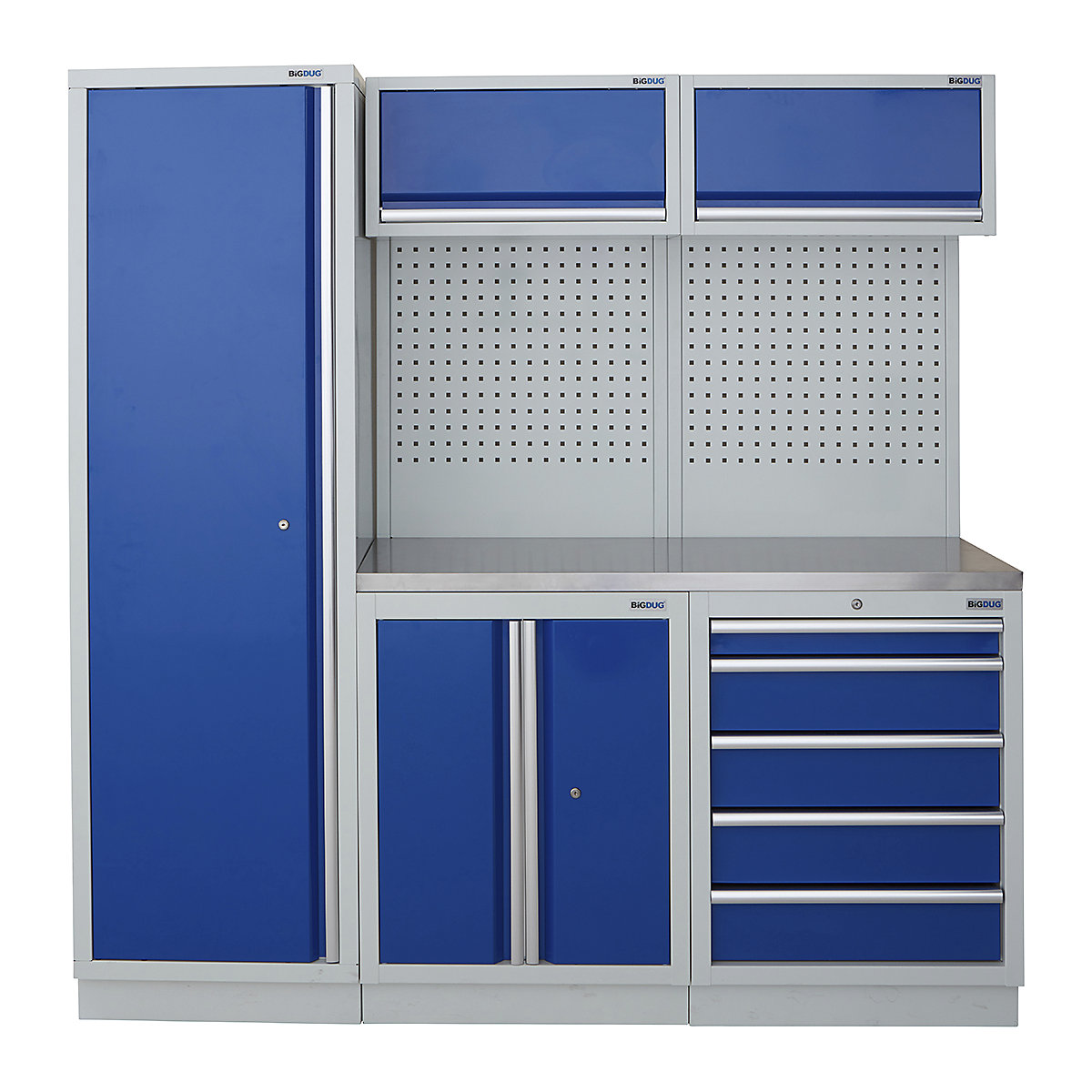 BiGDUG | 1361mm Wide Modular Storage System | 1 Cupboard | 4 Cabinet, BiGDUG | 1361mm Wide Modular Storage System | 1 Cupboard | 4 Cabinet, BiGDUG | 2m High Cupboard | 2 Door Cupboard | 5 Drawer Cabinet | 2x Back Panel | 2x Wall Cupboard | Grey Housing | Blue Doors | Stainless Worktop-0