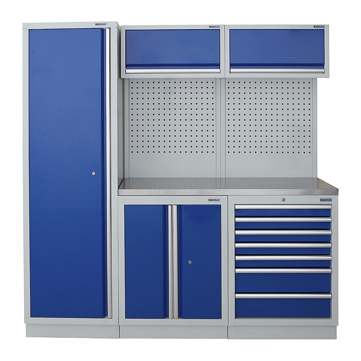 BiGDUG | 1361mm Wide Modular Storage System | 1 Cupboard | 4 Cabinet, BiGDUG | 1361mm Wide Modular Storage System | 1 Cupboard | 4 Cabinet, BiGDUG | 2m High Cupboard | 2 Door Cupboard | 7 Drawer Cabinet | 2x Back Panel | 2x Wall Cupboard | Grey Housing | Blue Doors | Stainless Worktop-0