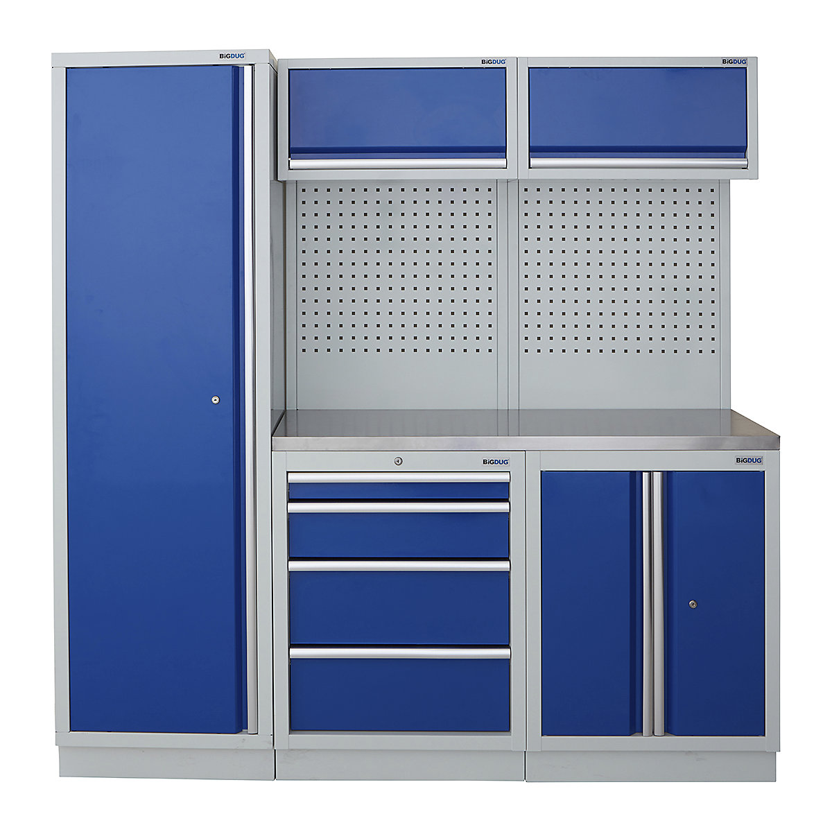 BiGDUG | 1361mm Wide Modular Storage System | 1 Cupboard | 4 Cabinet, BiGDUG | 1361mm Wide Modular Storage System | 1 Cupboard | 4 Cabinet, BiGDUG | 2m High Cupboard | 4 Drawer Cabinet | 2 Door Cupboard | 2x Back Panel | 2x Wall Cupboard | Grey Housing | Blue Doors | Stainless Worktop-2