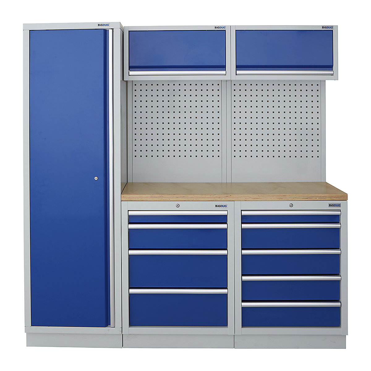BiGDUG | 1361mm Wide Modular Storage System | 1 Cupboard | 4 Cabinet, BiGDUG | 1361mm Wide Modular Storage System | 1 Cupboard | 4 Cabinet, BiGDUG | 2m High Cupboard | 4 Drawer Cabinet | 5 Drawer Cabinet | 2x Back Panel | 2x Wall Cupboard | Grey Housing | Blue Doors | Multiplex Worktop-0