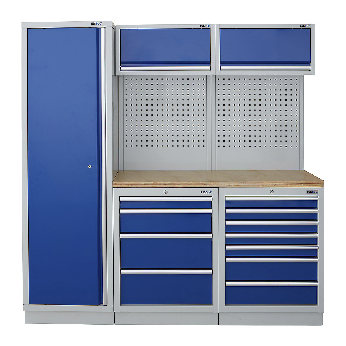 BiGDUG | 1361mm Wide Modular Storage System | 1 Cupboard | 4 Cabinet, BiGDUG | 1361mm Wide Modular Storage System | 1 Cupboard | 4 Cabinet, BiGDUG | 2m High Cupboard | 4 Drawer Cabinet | 7 Drawer Cabinet | 2x Back Panel | 2x Wall Cupboard | Grey Housing | Blue Doors | Multiplex Worktop-0