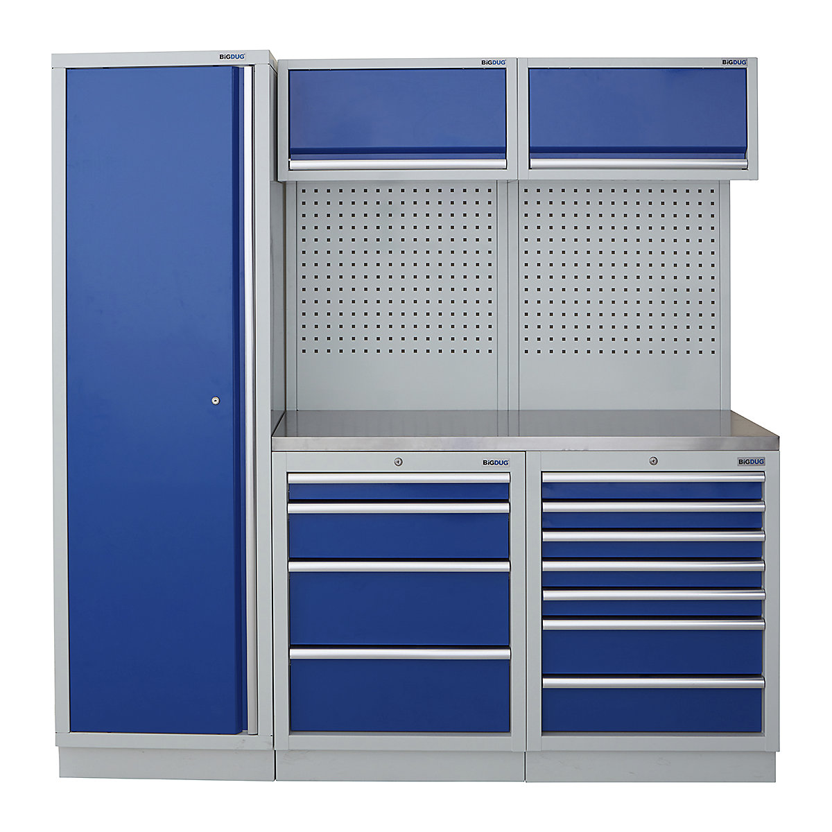 BiGDUG | 1361mm Wide Modular Storage System | 1 Cupboard | 4 Cabinet, BiGDUG | 1361mm Wide Modular Storage System | 1 Cupboard | 4 Cabinet, BiGDUG | 2m High Cupboard | 4 Drawer Cabinet | 7 Drawer Cabinet | 2x Back Panel | 2x Wall Cupboard | Grey Housing | Blue Doors | Stainless Worktop-0