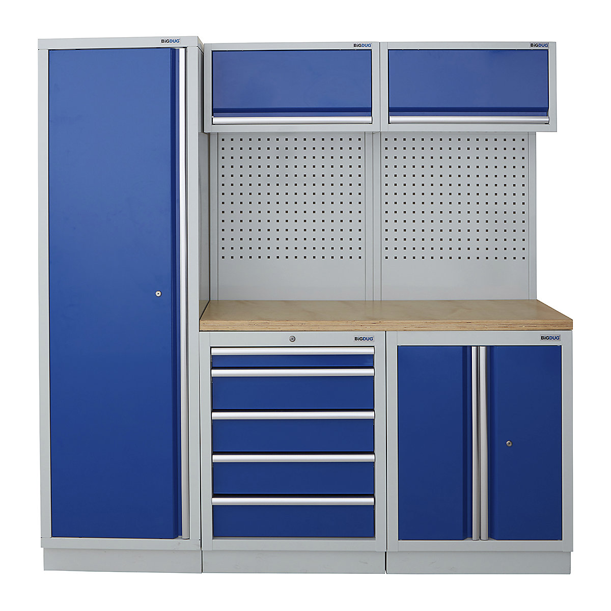 BiGDUG | 1361mm Wide Modular Storage System | 1 Cupboard | 4 Cabinet, BiGDUG | 1361mm Wide Modular Storage System | 1 Cupboard | 4 Cabinet, BiGDUG | 2m High Cupboard | 5 Drawer Cabinet | 2 Door Cupboard | 2x Back Panel | 2x Wall Cupboard | Grey Housing | Blue Doors | Multiplex Worktop-0