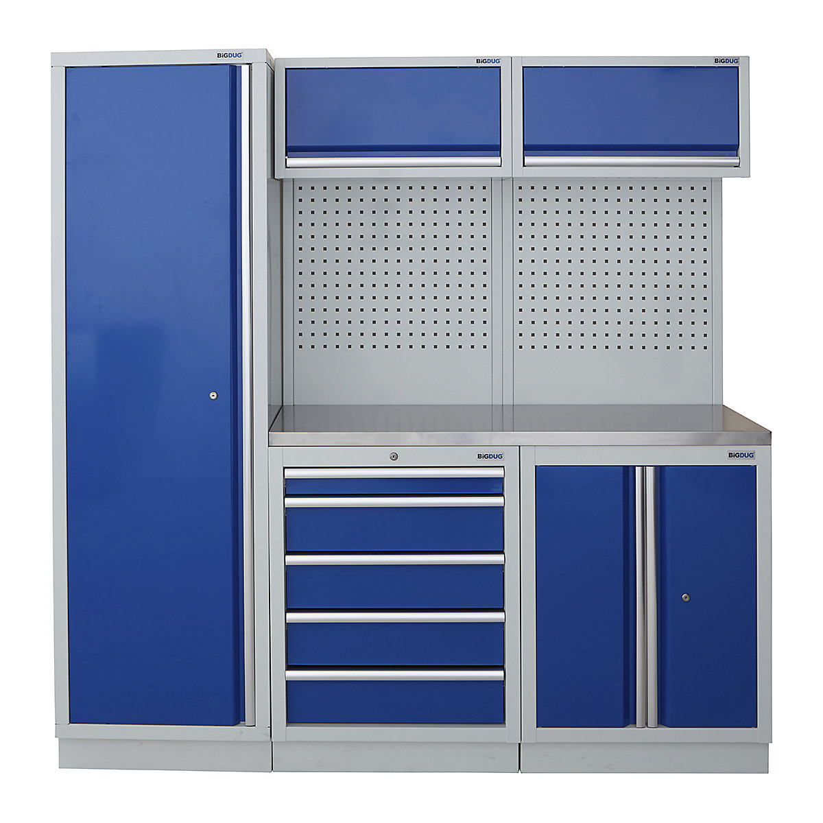 BiGDUG | 1361mm Wide Modular Storage System | 1 Cupboard | 4 Cabinet, BiGDUG | 1361mm Wide Modular Storage System | 1 Cupboard | 4 Cabinet, BiGDUG | 2m High Cupboard | 5 Drawer Cabinet | 2 Door Cupboard | 2x Back Panel | 2x Wall Cupboard | Grey Housing | Blue Doors | Stainless Worktop-0