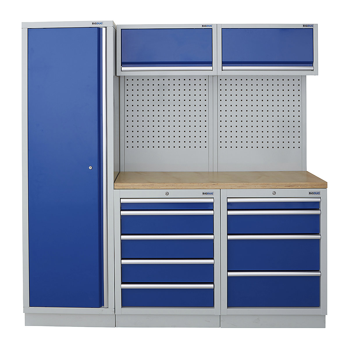BiGDUG | 1361mm Wide Modular Storage System | 1 Cupboard | 4 Cabinet, BiGDUG | 1361mm Wide Modular Storage System | 1 Cupboard | 4 Cabinet, BiGDUG | 2m High Cupboard | 5 Drawer Cabinet | 4 Drawer Cabinet | 2x Back Panel | 2x Wall Cupboard | Grey Housing | Blue Doors | Multiplex Worktop-0