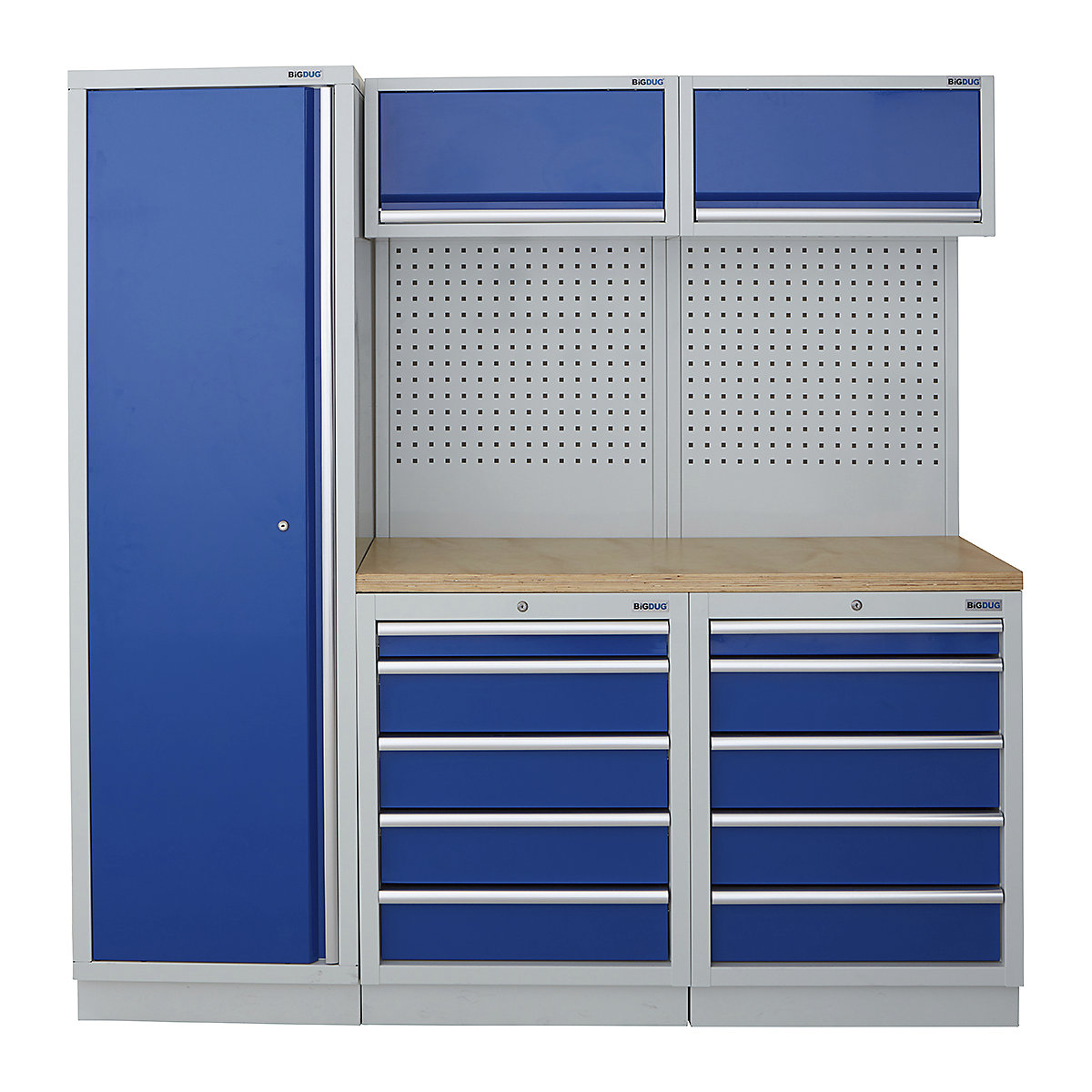 BiGDUG | 1361mm Wide Modular Storage System | 1 Cupboard | 4 Cabinet, BiGDUG | 1361mm Wide Modular Storage System | 1 Cupboard | 4 Cabinet, BiGDUG | 2m High Cupboard | 2x 5 Drawer Cabinet | 2x Back Panel | 2x Wall Cupboard | Grey Housing | Blue Doors | Multiplex Worktop-0