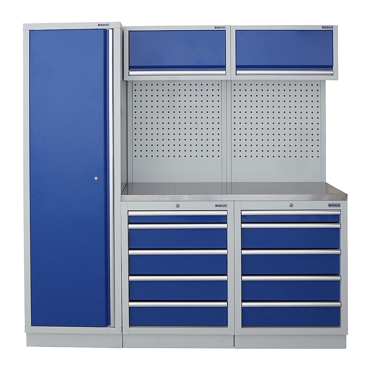 BiGDUG | 1361mm Wide Modular Storage System | 1 Cupboard | 4 Cabinet, BiGDUG | 1361mm Wide Modular Storage System | 1 Cupboard | 4 Cabinet, BiGDUG | 2m High Cupboard | 2x 5 Drawer Cabinet | 2x Back Panel | 2x Wall Cupboard | Grey Housing | Blue Doors | Stainless Worktop-0