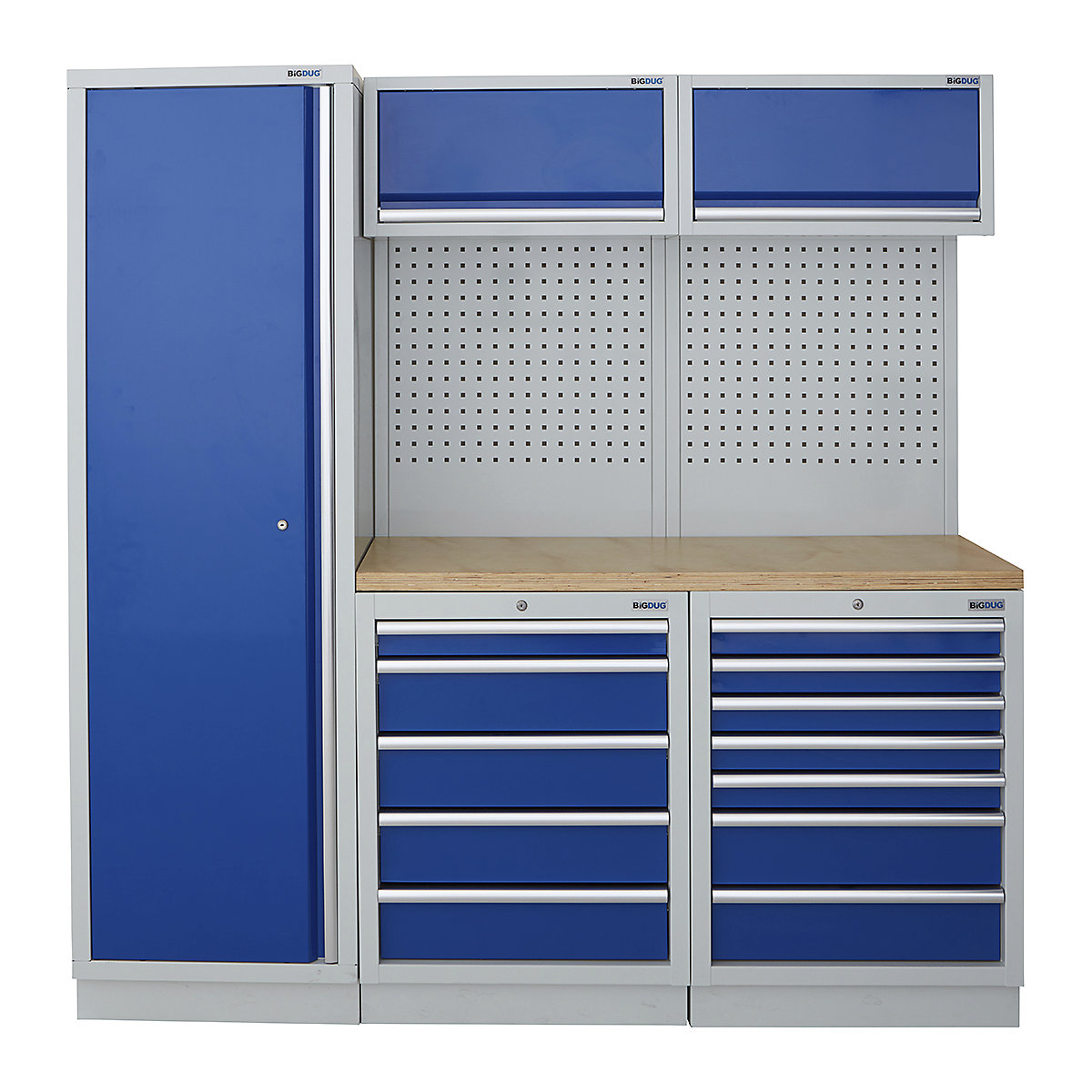 BiGDUG | 1361mm Wide Modular Storage System | 1 Cupboard | 4 Cabinet, BiGDUG | 1361mm Wide Modular Storage System | 1 Cupboard | 4 Cabinet, BiGDUG | 2m High Cupboard | 5 Drawer Cabinet | 7 Drawer Cabinet | 2x Back Panel | 2x Wall Cupboard | Grey Housing | Blue Doors | Multiplex Worktop-0
