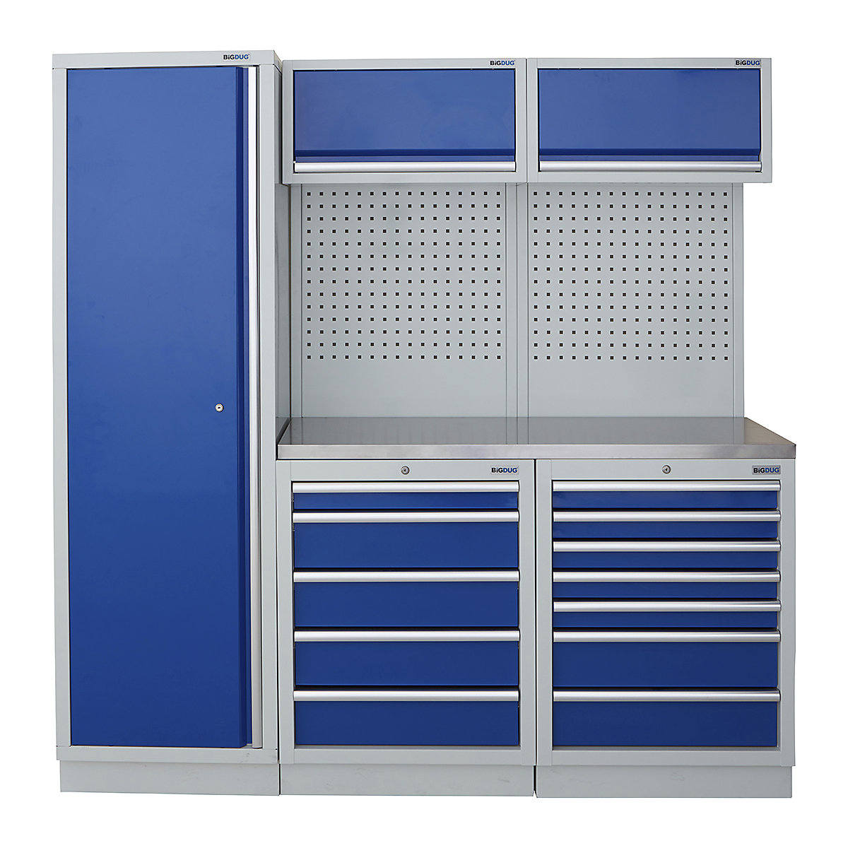BiGDUG | 1361mm Wide Modular Storage System | 1 Cupboard | 4 Cabinet, BiGDUG | 1361mm Wide Modular Storage System | 1 Cupboard | 4 Cabinet, BiGDUG | 2m High Cupboard | 5 Drawer Cabinet | 7 Drawer Cabinet | 2x Back Panel | 2x Wall Cupboard | Grey Housing | Blue Doors | Stainless Worktop-0