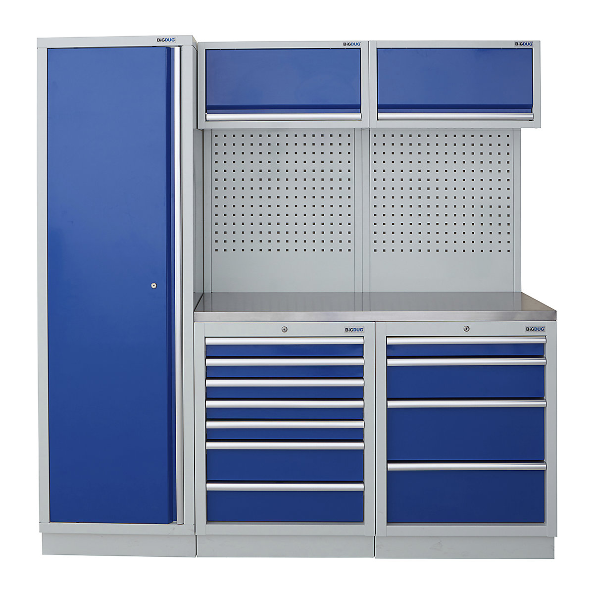 BiGDUG | 1361mm Wide Modular Storage System | 1 Cupboard | 4 Cabinet, BiGDUG | 1361mm Wide Modular Storage System | 1 Cupboard | 4 Cabinet, BiGDUG | 2m High Cupboard | 7 Drawer Cabinet | 4 Drawer Cabinet | 2x Back Panel | 2x Wall Cupboard | Grey Housing | Blue Doors | Stainless Worktop-0