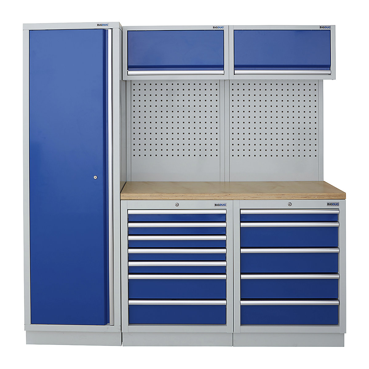BiGDUG | 1361mm Wide Modular Storage System | 1 Cupboard | 4 Cabinet, BiGDUG | 1361mm Wide Modular Storage System | 1 Cupboard | 4 Cabinet, BiGDUG | 2m High Cupboard | 7 Drawer Cabinet | 5 Drawer Cabinet | 2x Back Panel | 2x Wall Cupboard | Grey Housing | Blue Doors | Multiplex Worktop-0
