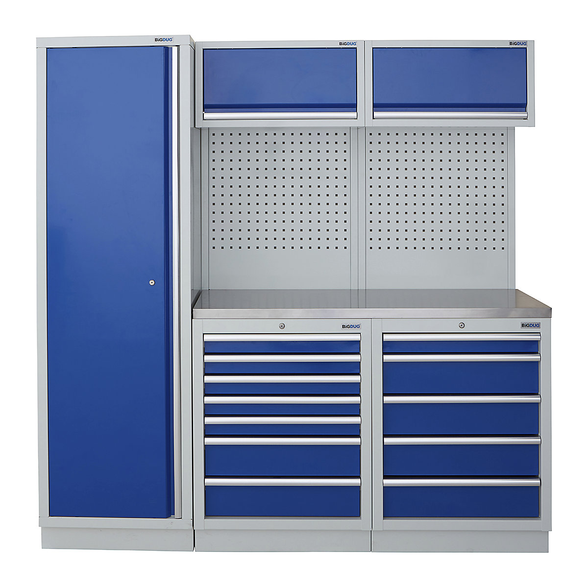 BiGDUG | 1361mm Wide Modular Storage System | 1 Cupboard | 4 Cabinet, BiGDUG | 1361mm Wide Modular Storage System | 1 Cupboard | 4 Cabinet, BiGDUG | 2m High Cupboard | 7 Drawer Cabinet | 5 Drawer Cabinet | 2x Back Panel | 2x Wall Cupboard | Grey Housing | Blue Doors | Stainless Worktop-0