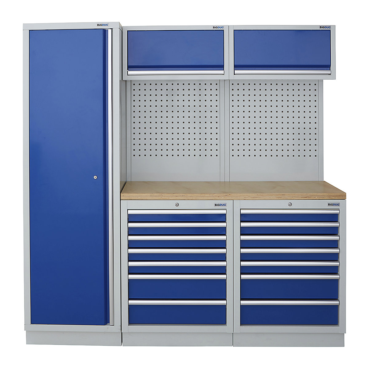 BiGDUG | 1361mm Wide Modular Storage System | 1 Cupboard | 4 Cabinet, BiGDUG | 1361mm Wide Modular Storage System | 1 Cupboard | 4 Cabinet, BiGDUG | 2m High Cupboard | 2x 7 Drawer Cabinet | 2x Back Panel | 2x Wall Cupboard | Grey Housing | Blue Doors | Multiplex Worktop-0