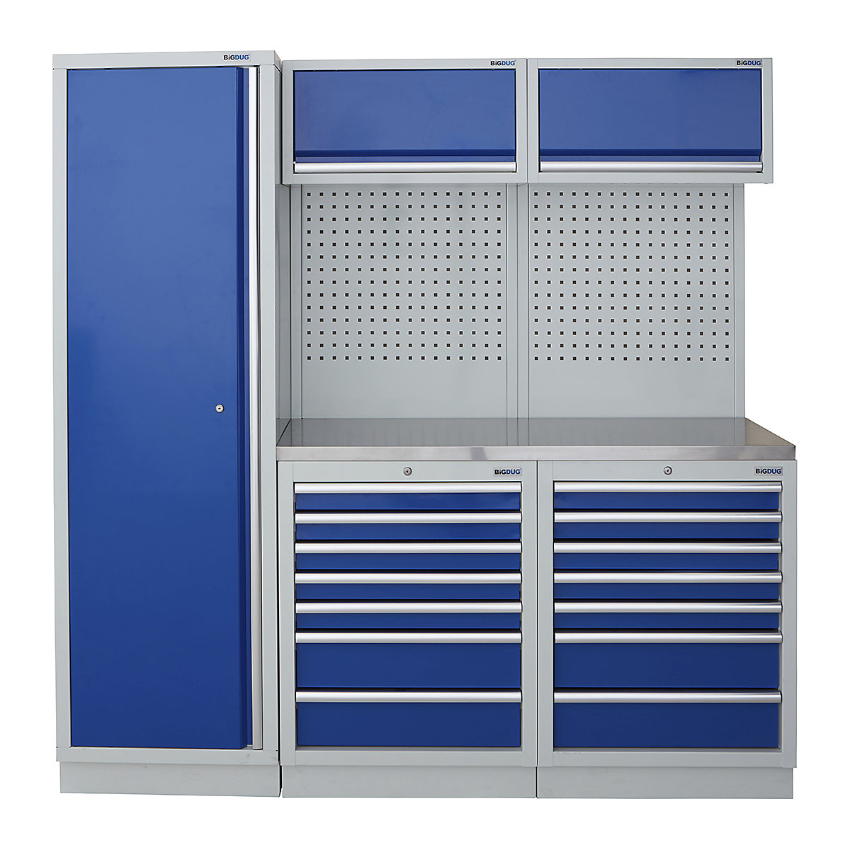 BiGDUG | 1361mm Wide Modular Storage System | 1 Cupboard | 4 Cabinet, BiGDUG | 1361mm Wide Modular Storage System | 1 Cupboard | 4 Cabinet, BiGDUG | 2m High Cupboard | 2x 7 Drawer Cabinet | 2x Back Panel | 2x Wall Cupboard | Grey Housing | Blue Doors | Stainless Worktop-0