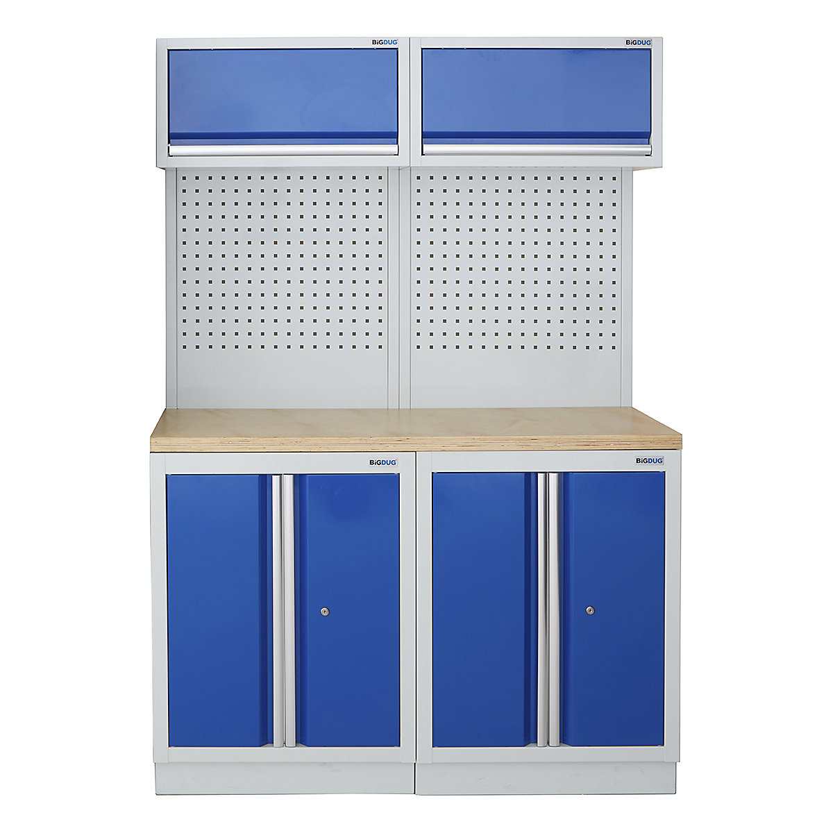 BiGDUG | 1361mm Wide Storage System | 4 Cabinet, BiGDUG | 1361mm Wide Storage System | 4 Cabinet, BiGDUG | 1361mm Wide Storage System | 2x 2 Door Cupboard | 2x Wall Panel | 2x Wall Cabinet | Grey Housing | Blue Doors | Multiplex Worktop-0