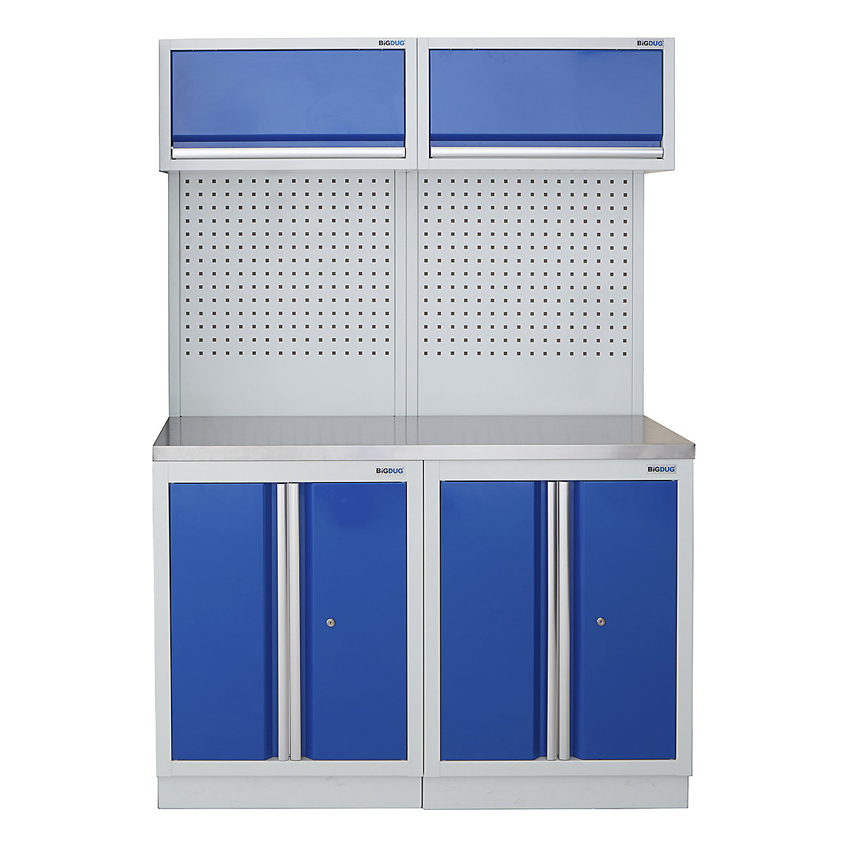 BiGDUG | 1361mm Wide Storage System | 4 Cabinet, BiGDUG | 1361mm Wide Storage System | 4 Cabinet, BiGDUG | 1361mm Wide Storage System | 2x 2 Door Cupboard | 2x Wall Panel | 2x Wall Cabinet | Grey Housing | Blue Doors | Stainless Worktop-0