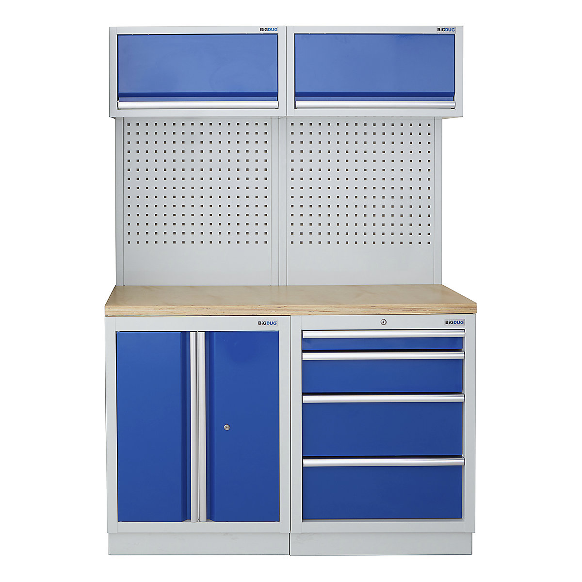 BiGDUG | 1361mm Wide Storage System | 4 Cabinet, BiGDUG | 1361mm Wide Storage System | 4 Cabinet, BiGDUG | 1361mm Wide Storage System | 2 Door Cupboard | 4 Drawer Cabinet | 2x Wall Panel | 2x Wall Cabinet | Grey Housing | Blue Doors | Multiplex Worktop-0